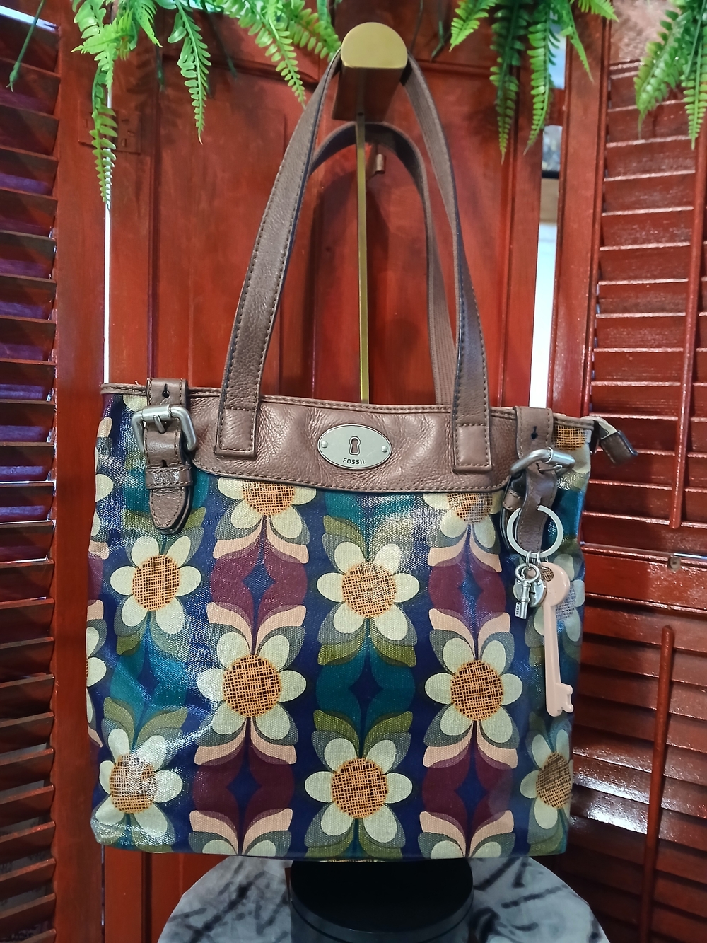 Fossil Brown Leather-Trim Floral Tote with Multicolor Pattern